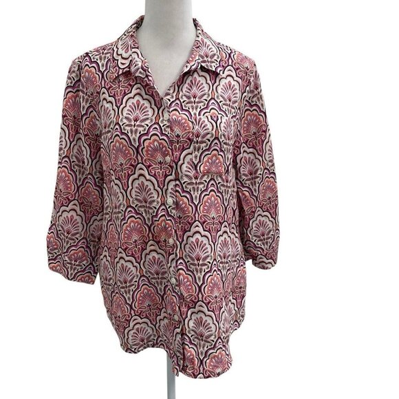 Chico's 100% Linen Colorful Paisley Floral Button Up Blouse No Iron size Medium - Picture 1 of 7